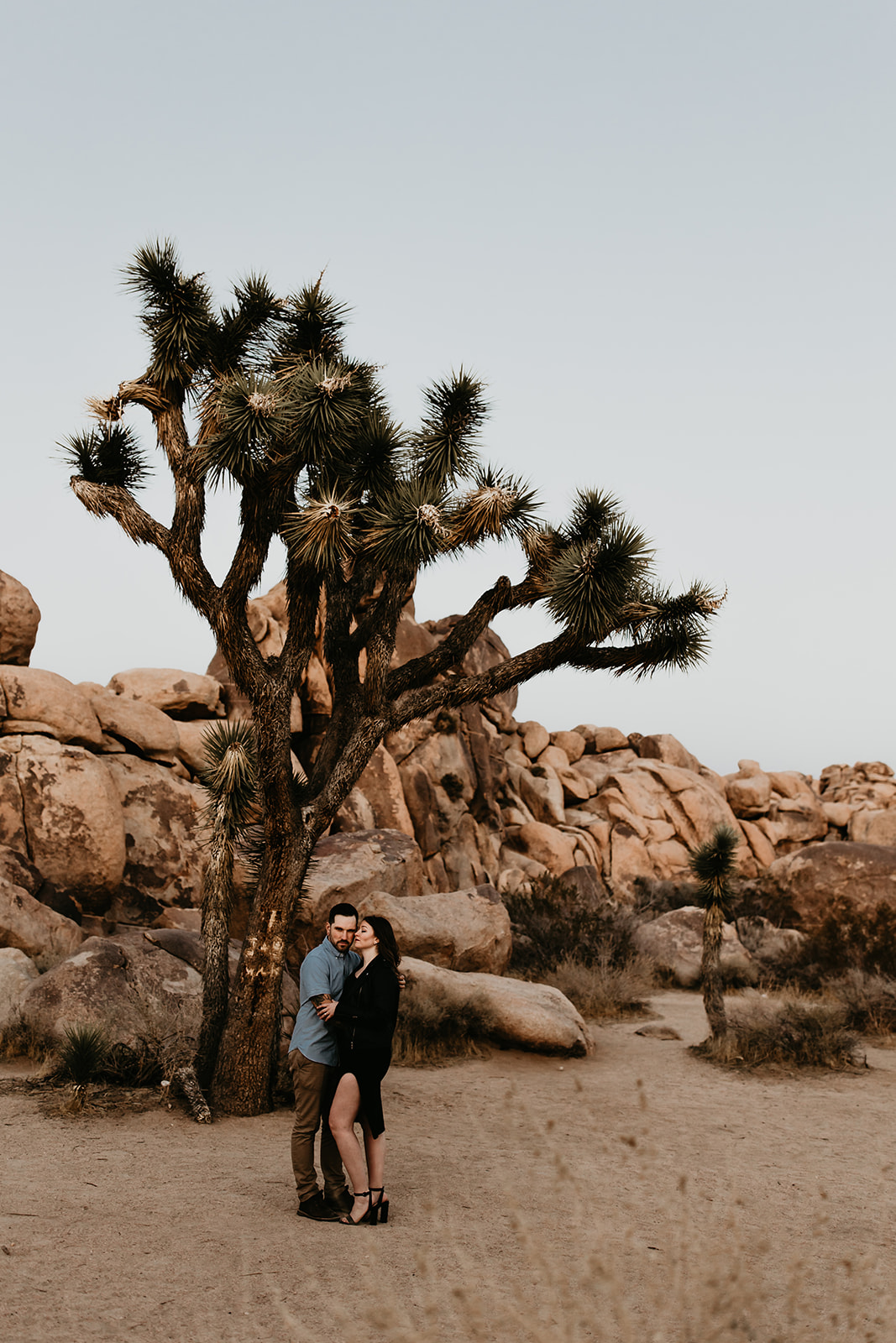 a couple embraces in Joshua Tree, California for their engagement session