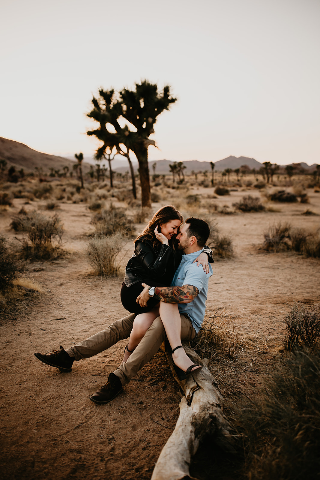 A couple embraces on the log in Joshua Tree National Park as they prepare for their wedding day