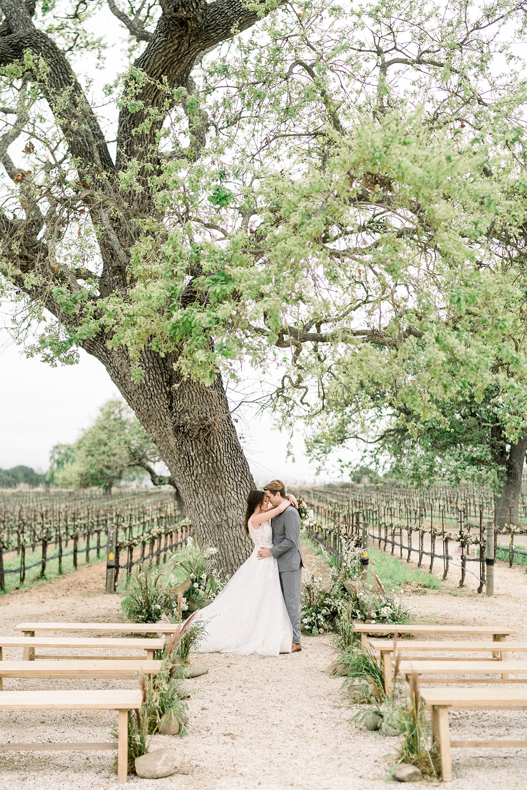 Luxurious Sunstone Winery wedding ceremony setup with with Southern California's oak trees framing the aisle.