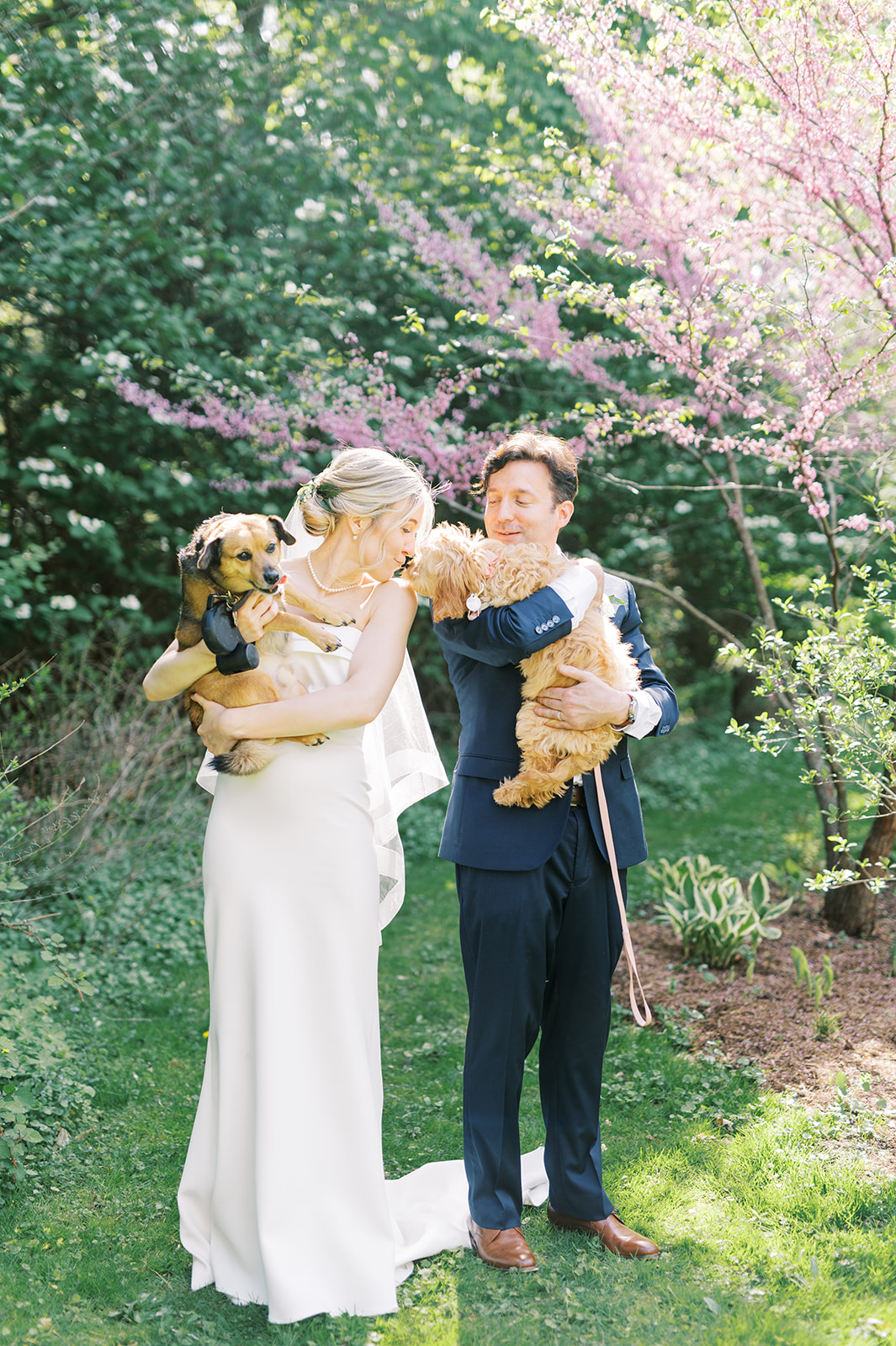 bride and groom pose with puppies for preppy Grandmillennial Intimate Backyard Spring Afternoon Wedding in Philadelphia
