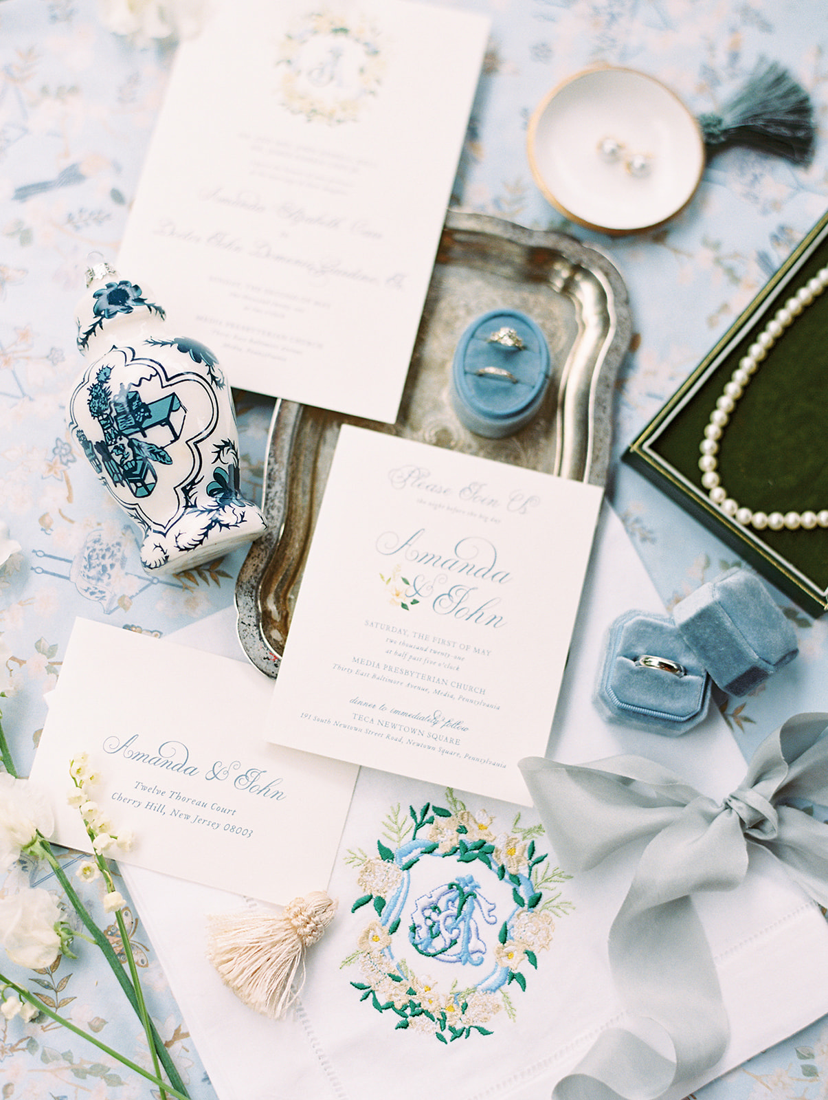 classic blue and white details for preppy Grandmillennial Intimate Backyard Spring Afternoon Wedding in Philadelphia