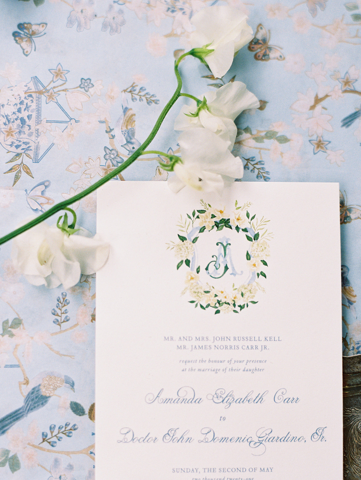 floral monogrammed invitation for preppy Grandmillennial Intimate Backyard Spring Afternoon Wedding in Philadelphia, PA