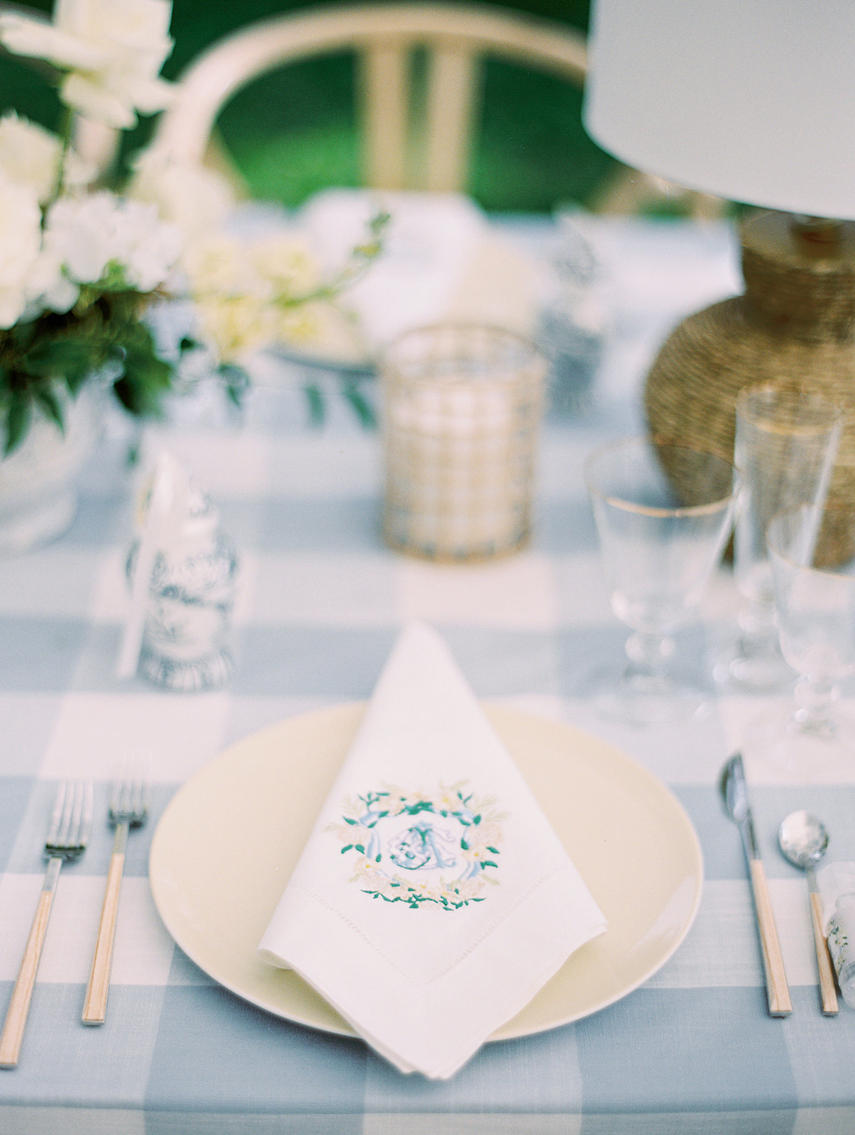 picnic inspired place setting for preppy Grandmillennial Intimate Backyard Spring Afternoon Wedding in Philadelphia