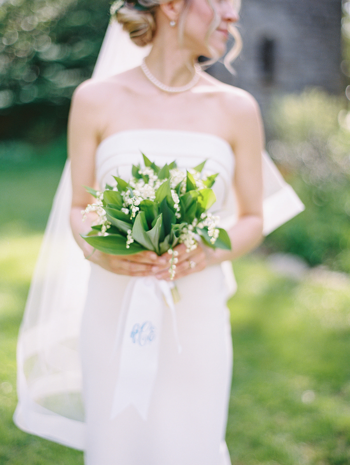 sweet lilly of the valley bridal bouquet at preppy Grandmillennial Intimate Backyard Spring Afternoon Wedding in Philade