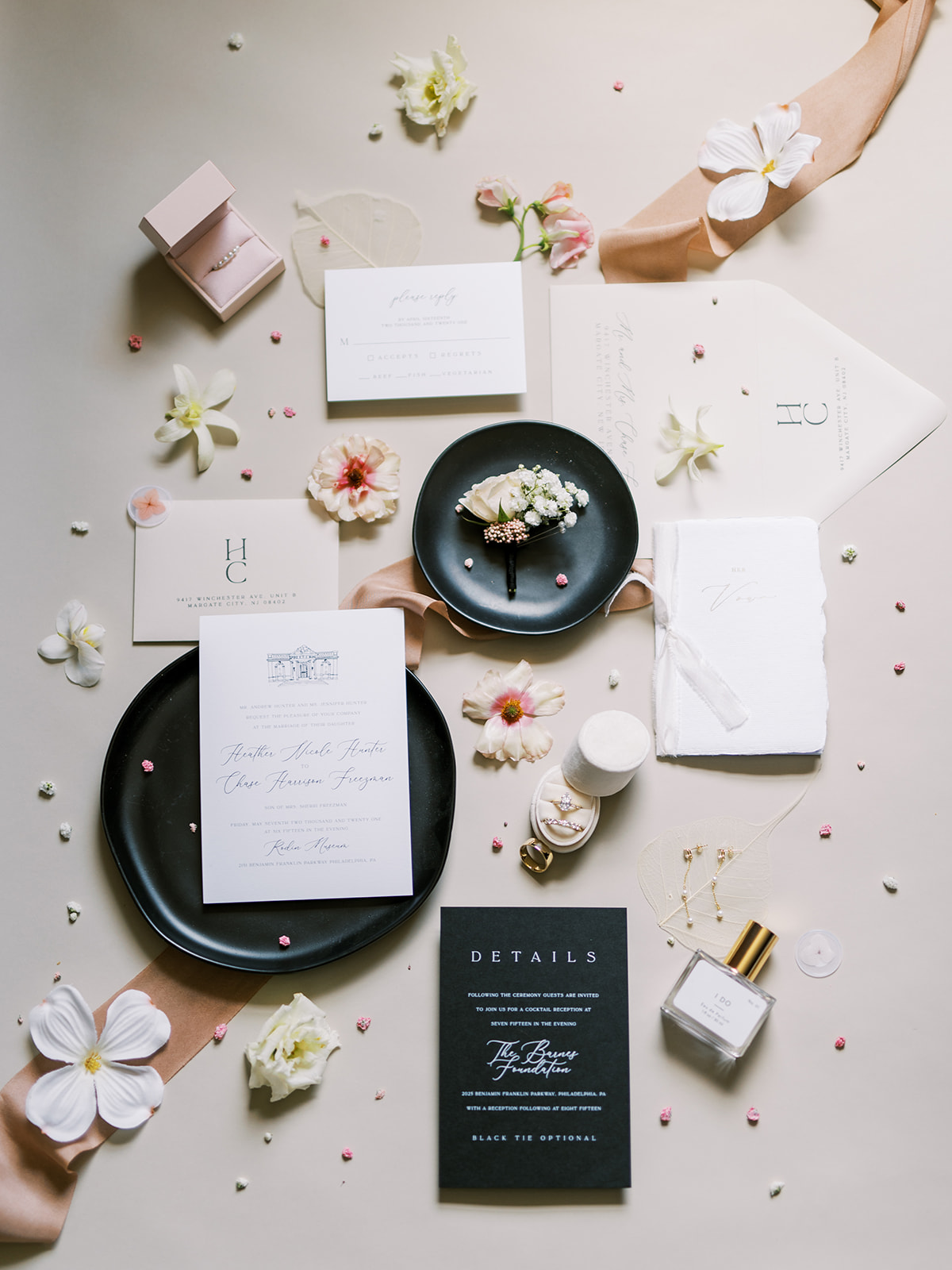 custom-made wedding invitation suite with black, white, and baby pink details bu Love Haus Events