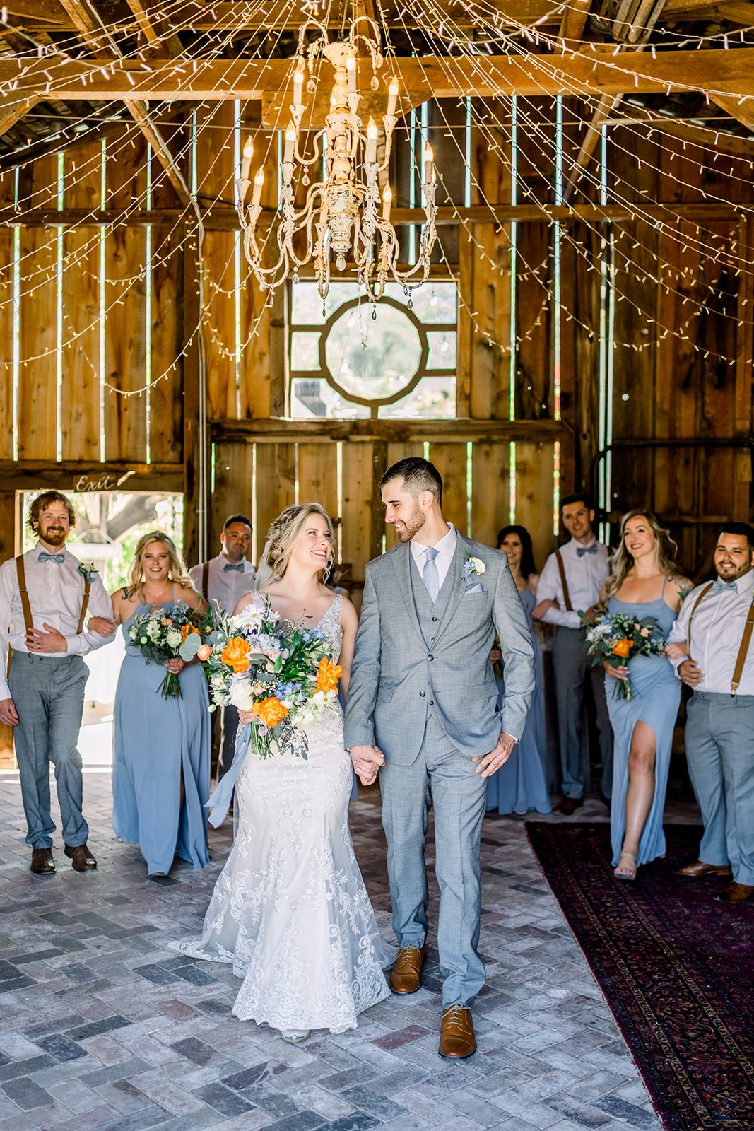 blue and gray spring wedding party barn