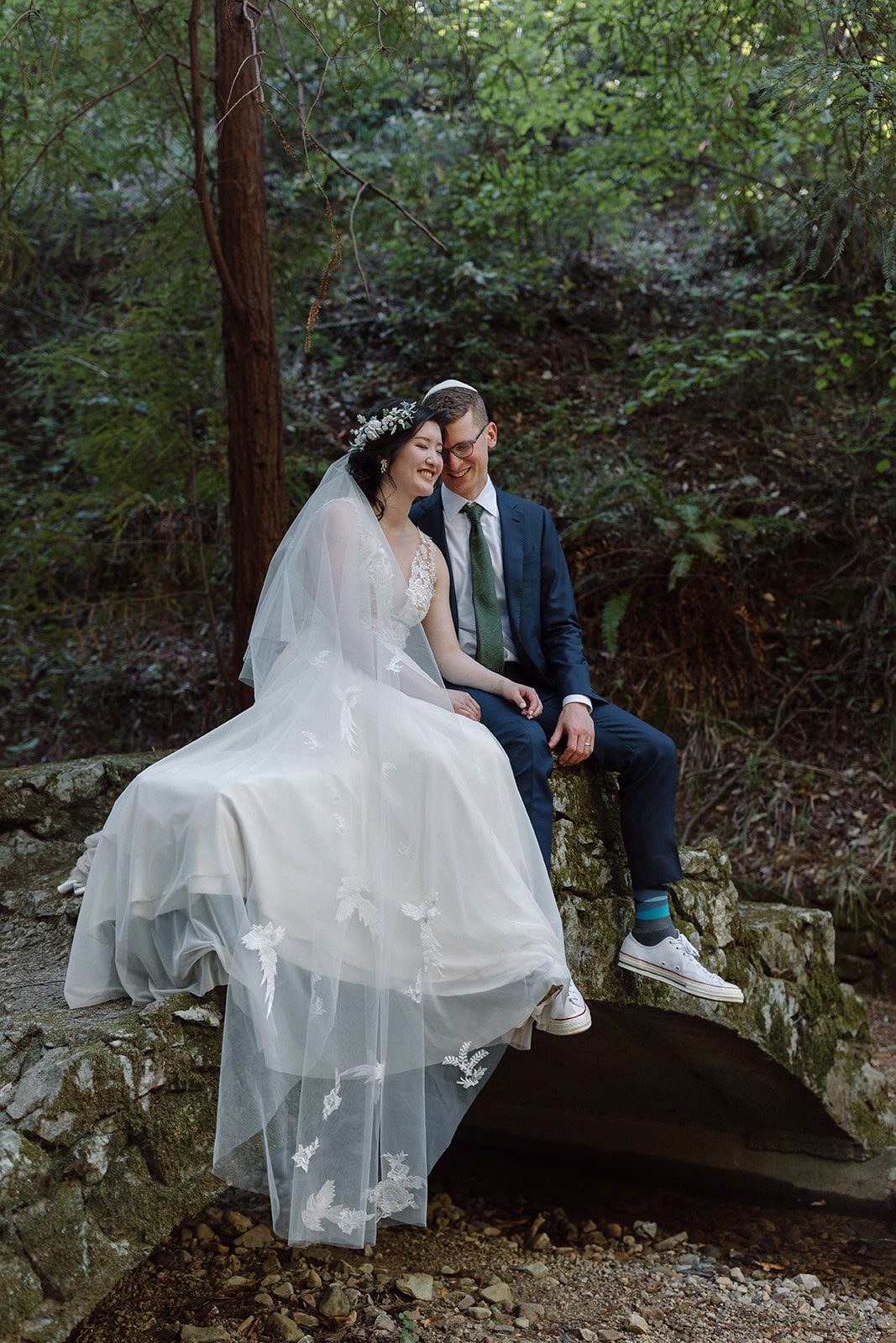 A couple who gets married in the redwoods at Ralston White Retreat in Mill Valley, California.