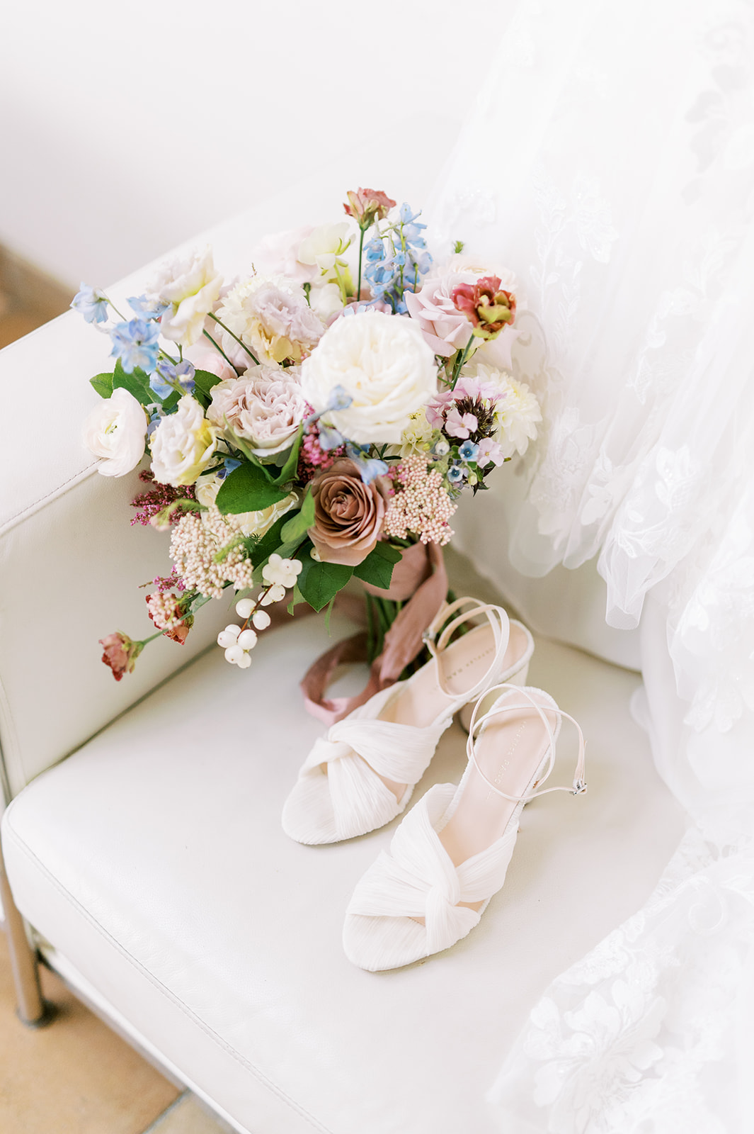loeffler randall white heels with parisian inspired floral bouquet of white, french blue, and burgundy