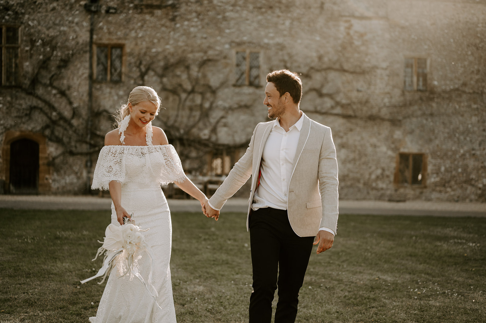 bride and groom at forde abbey at golden hour