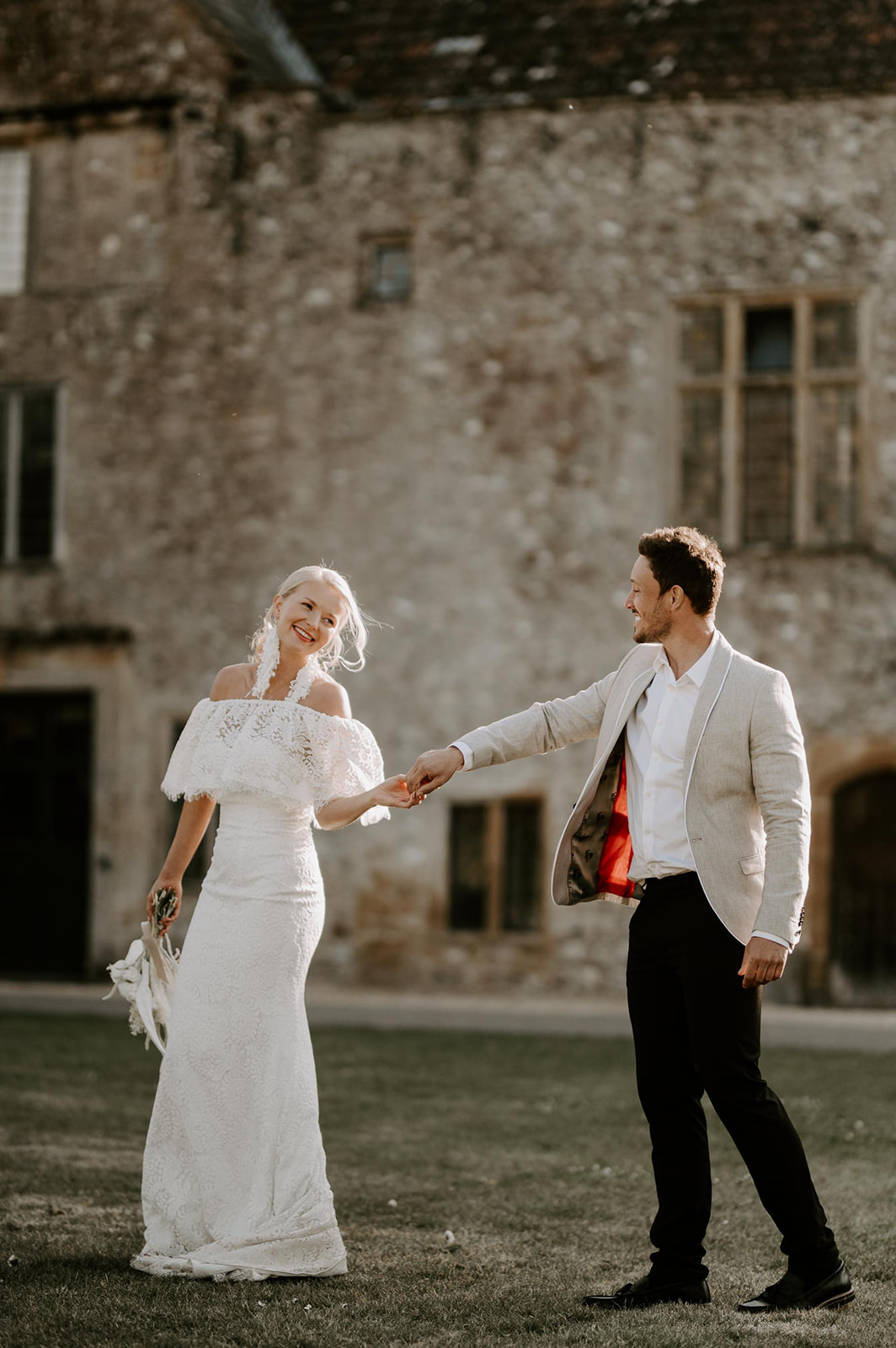 bride and groom at forde abbey at golden hour
