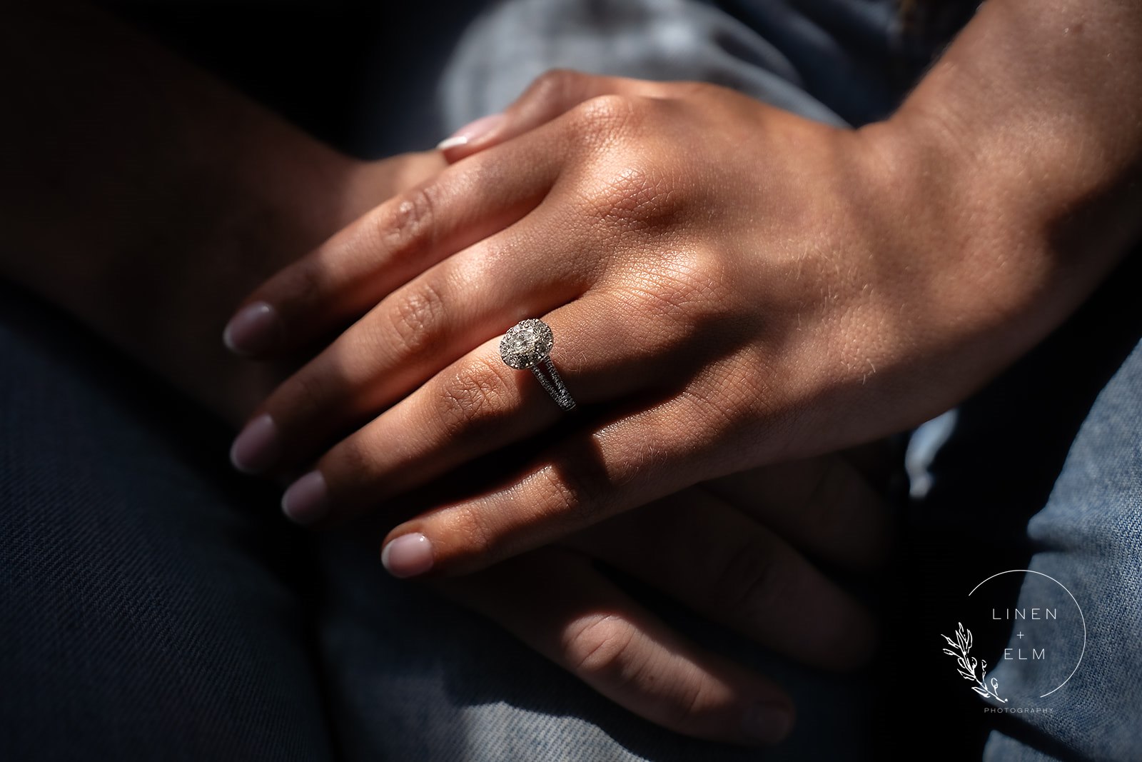 Engagement photo close up of ring in shadows at Lion & Ram Studios Dayton, Ohio