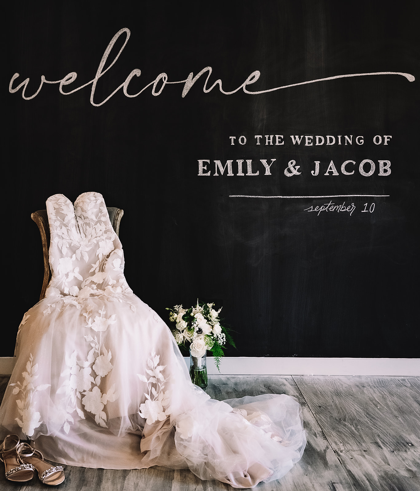 wedding dress details with chalkboard wall Brightside Music & Event Venue Dayton Ohio