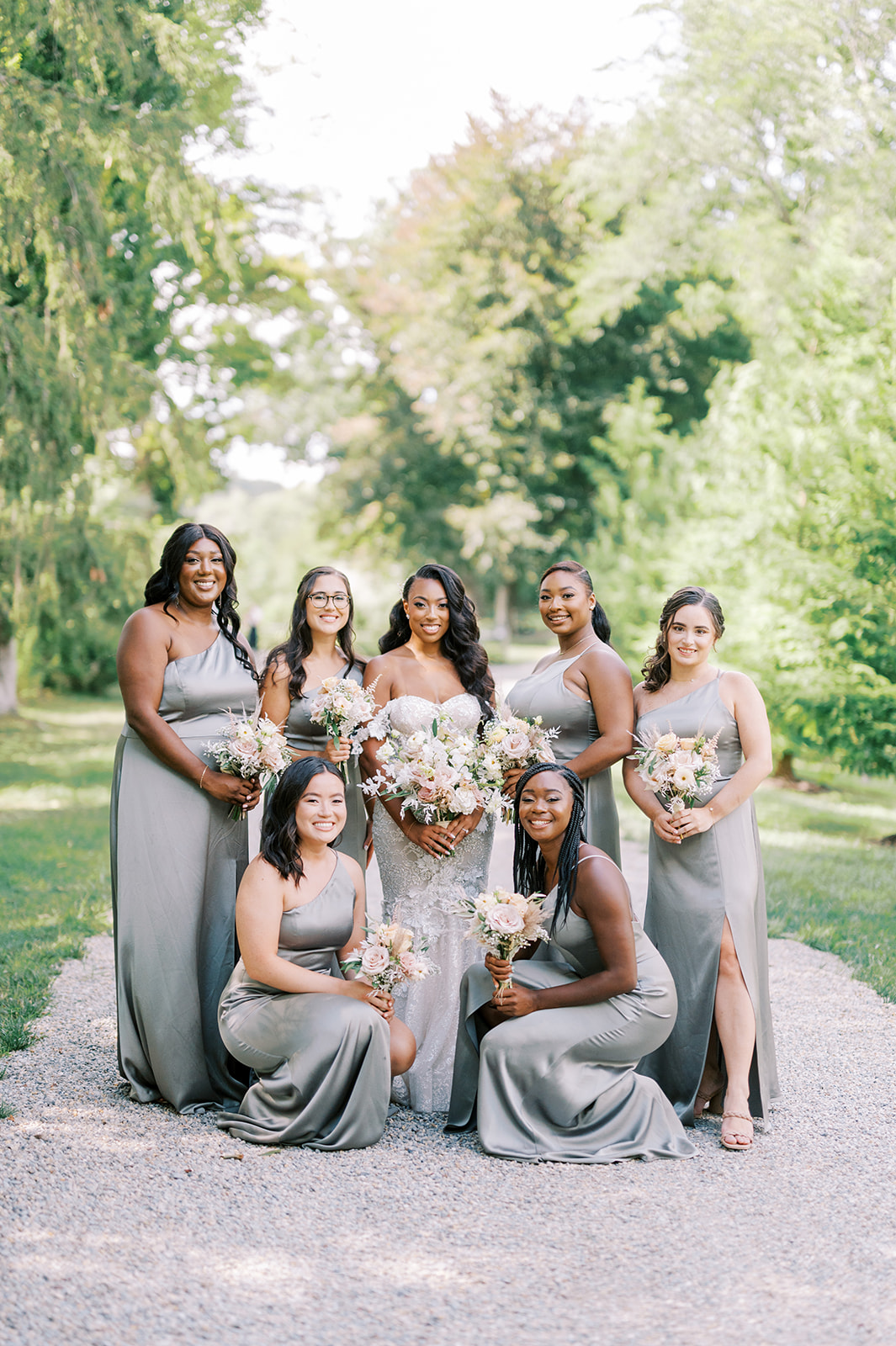 chic bridesmaids in satan sage green dresses for Summer Crossed Keys Estate Wedding by Haley Richter Photography