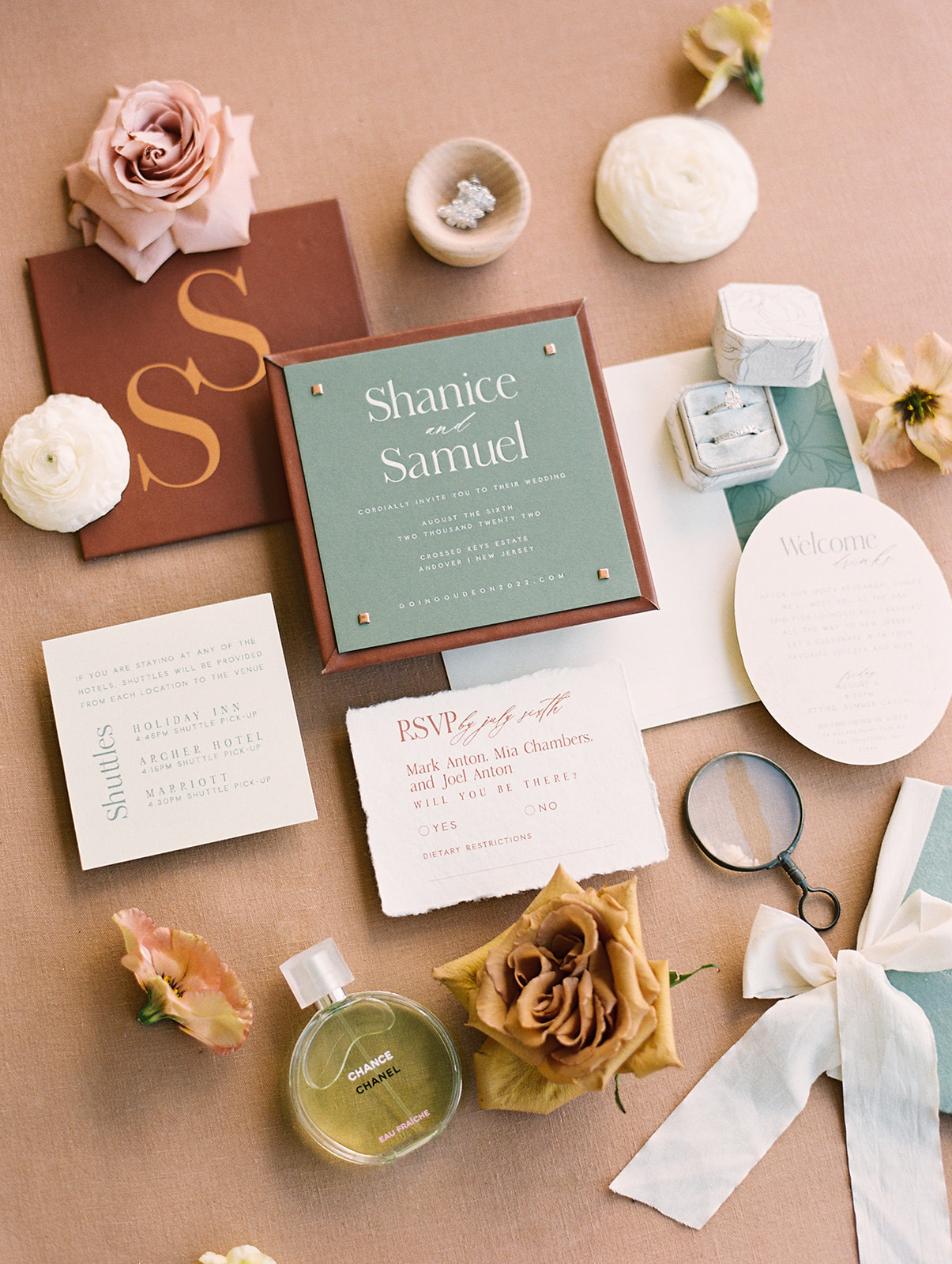 modern terracotta and sage invitation suite for Summer Crossed Keys Estate Wedding by Haley Richter Photography