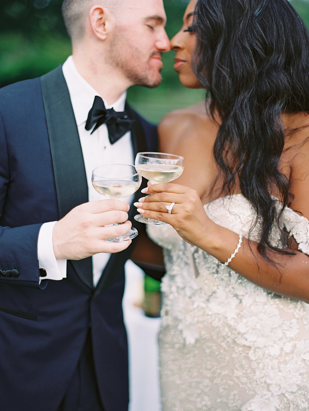romantic intimate moment of bride and groom cheersing at Summer Crossed Keys Estate Wedding by Haley Richter Photography