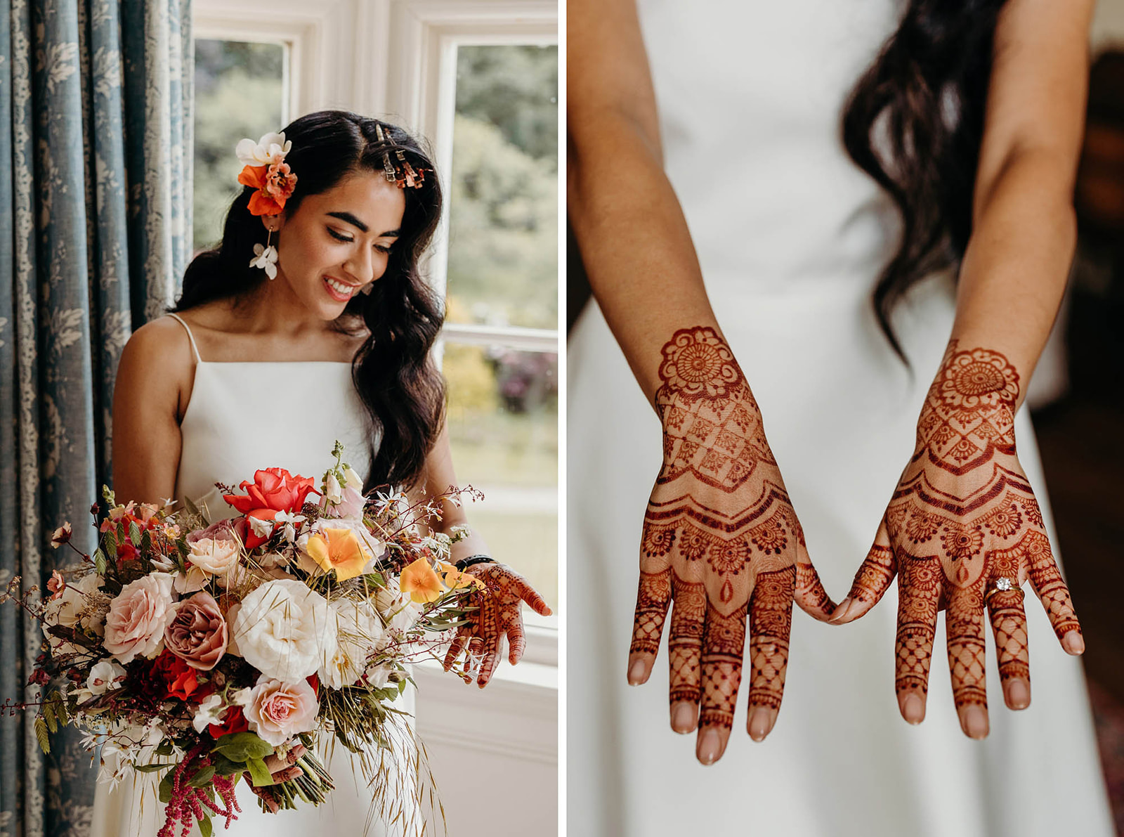bride getting ready with colouful bouquet and henna on hands