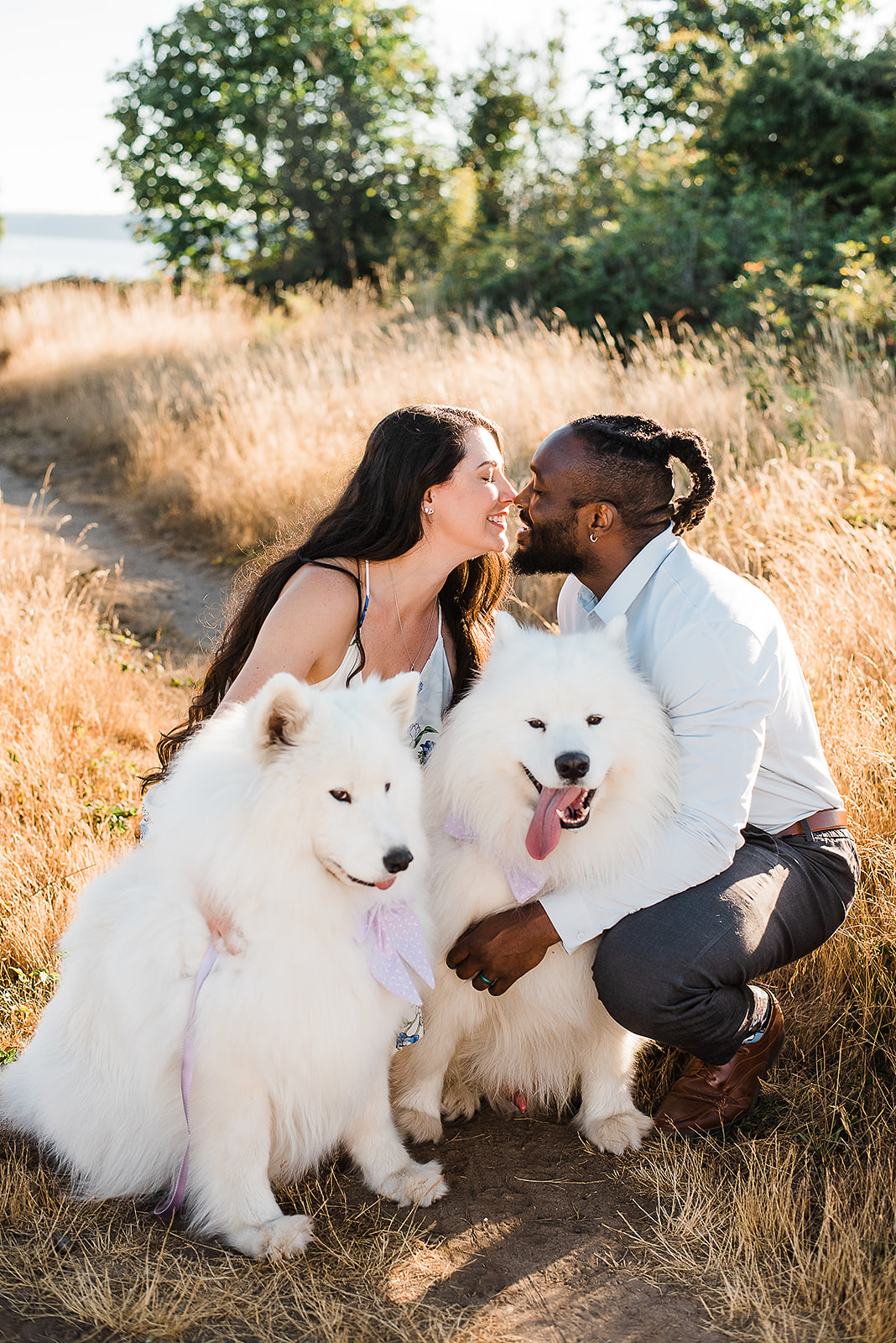 An interracial couple is photographed with their Samoyeds for their engagement session at Discovery Park in Seattle, WA