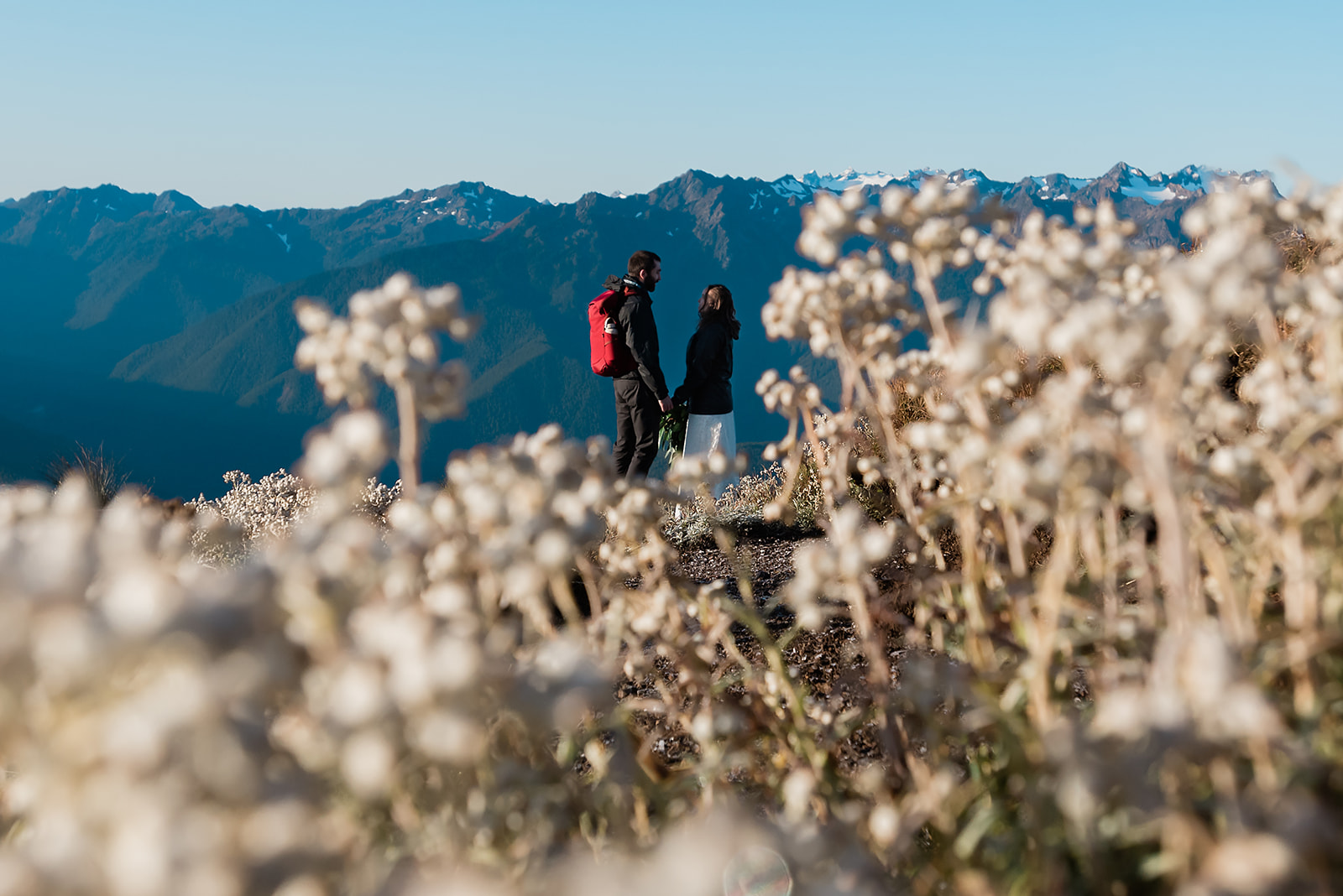 This is a picture of a bride and groom during their elopement. They are hiking on a mountain.