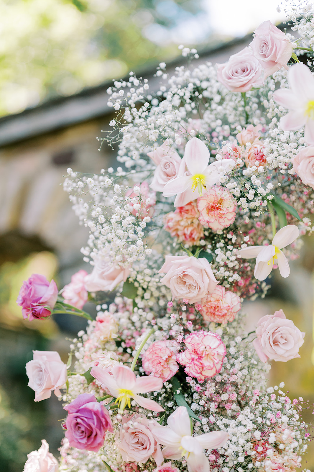 modern pink florals at Timeless Summer Wedding at Parque at Historic Hunting Hill Mansion