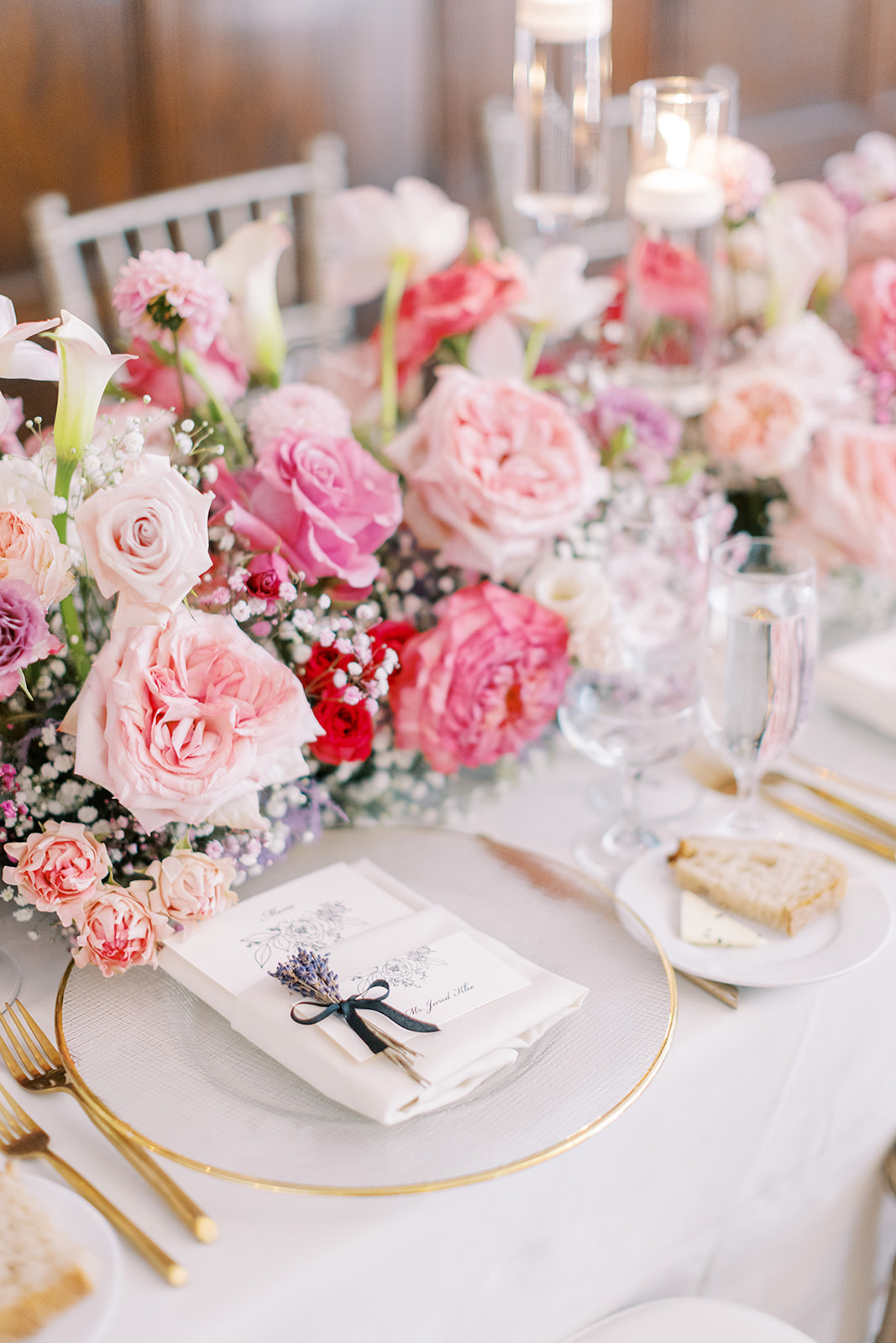 modern pink table setting with large roses for Timeless Summer Wedding at Parque at Historic Hunting Hill Mansion