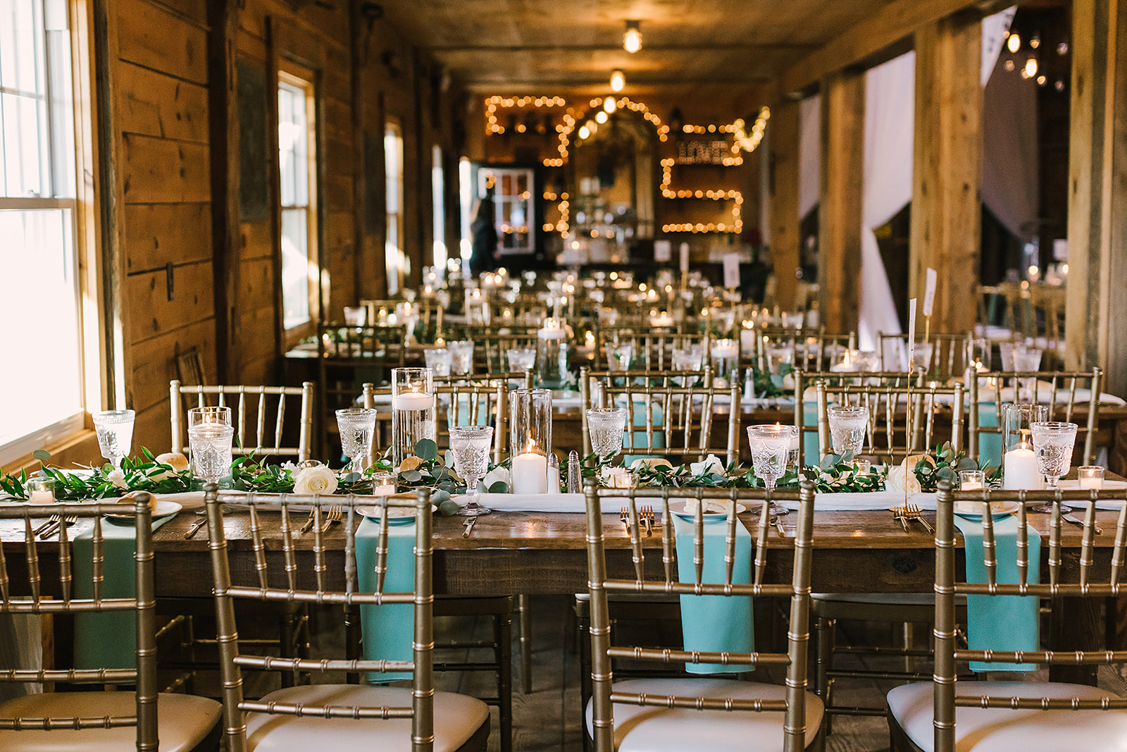 Riverwinds farm and estate Saco Maine Wedding reception details barn long tables 