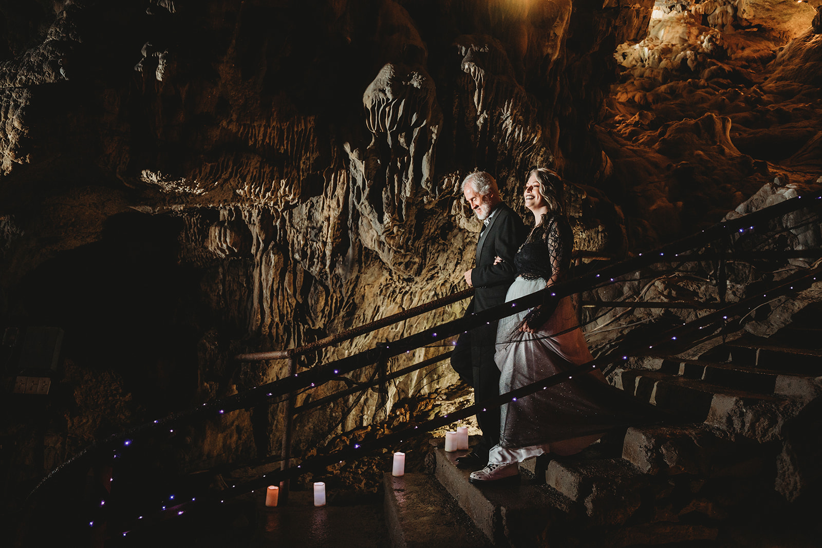 dramatic lighting Indian Echo Caverns spooky halloween fall wedding bride groom ceremony