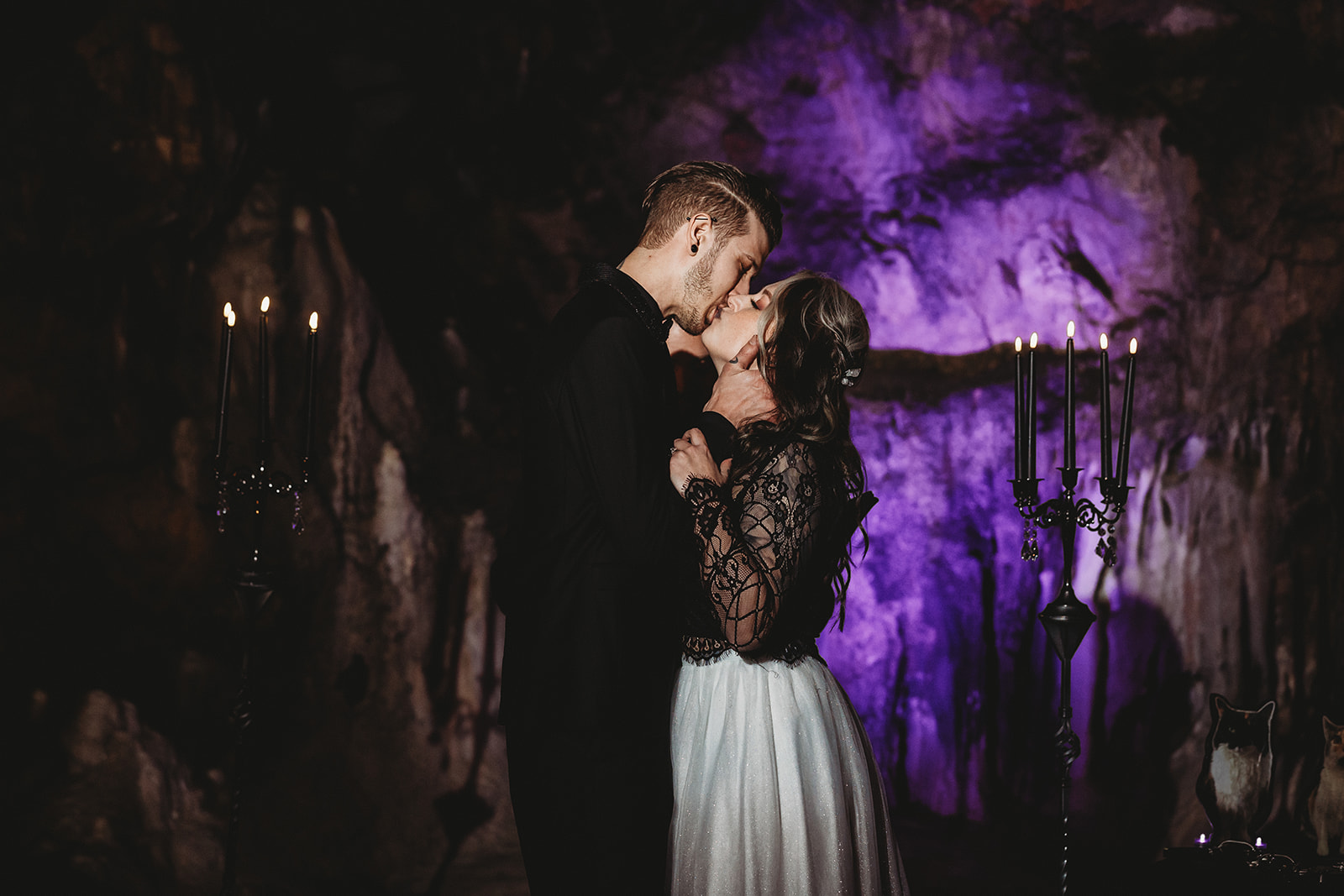 dramatic lighting Indian Echo Caverns spooky halloween fall wedding bride groom ceremony