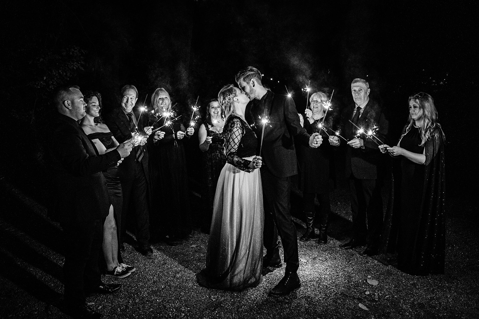 dramatic lighting Indian Echo Caverns spooky halloween fall wedding bride groom portraits sparkler exit