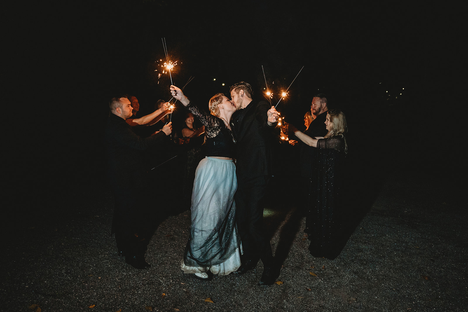 dramatic lighting Indian Echo Caverns spooky halloween fall wedding bride groom portraits sparkler exit