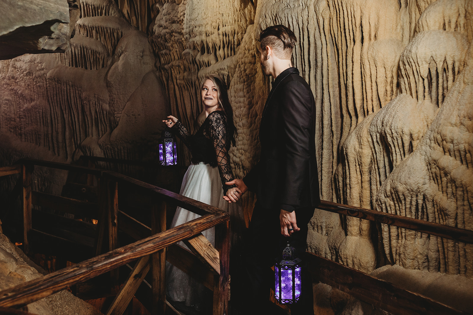dramatic lighting Indian Echo Caverns spooky halloween fall wedding bride groom portraits