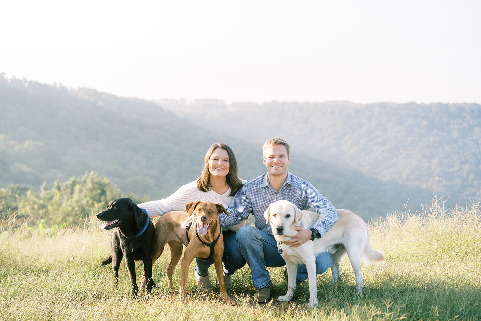 An engaged couple with their dogs pose on the foggy bluff at Weathington Park, in Section, Alabama