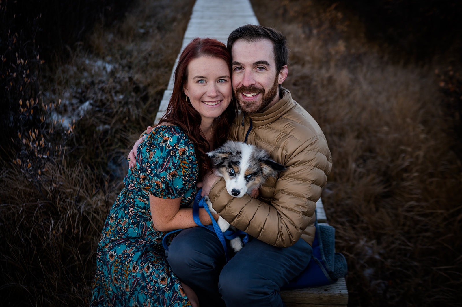 a couple snuggles their new puppy at their adventure engagement photography session in Colorado