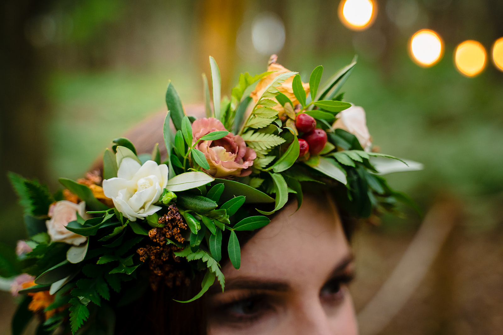 a bride has an amazing flower crown at  Cockley Wood Weddings