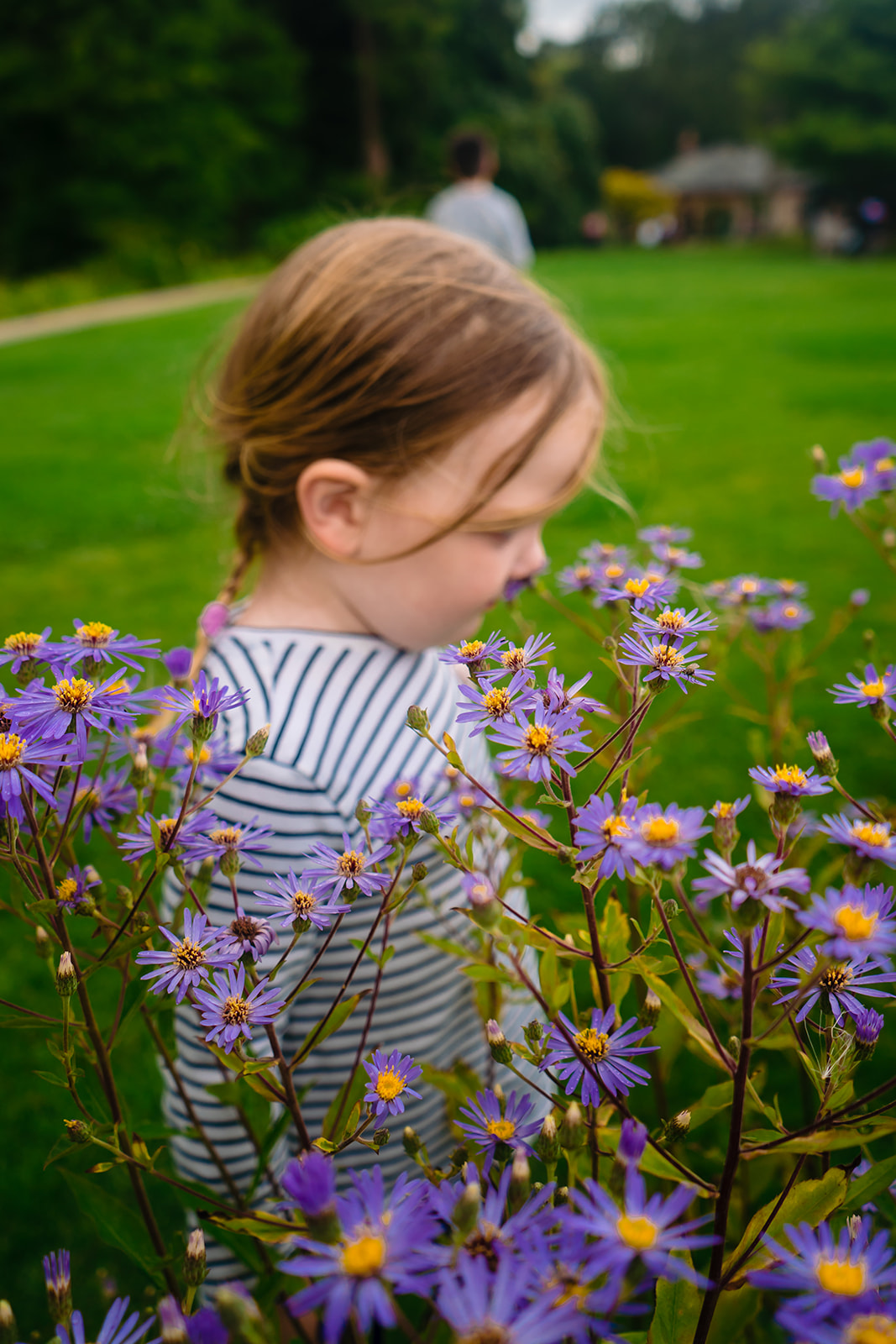 little girl smells flowers at harlow carr