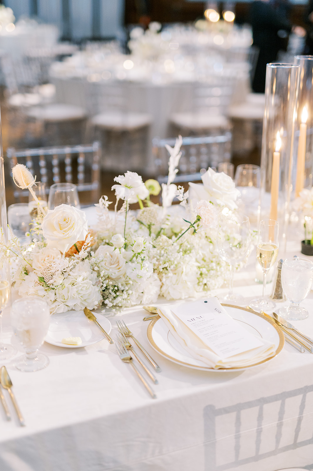 modern monochrome white floral table setting at classic union league of philadelphia wedding