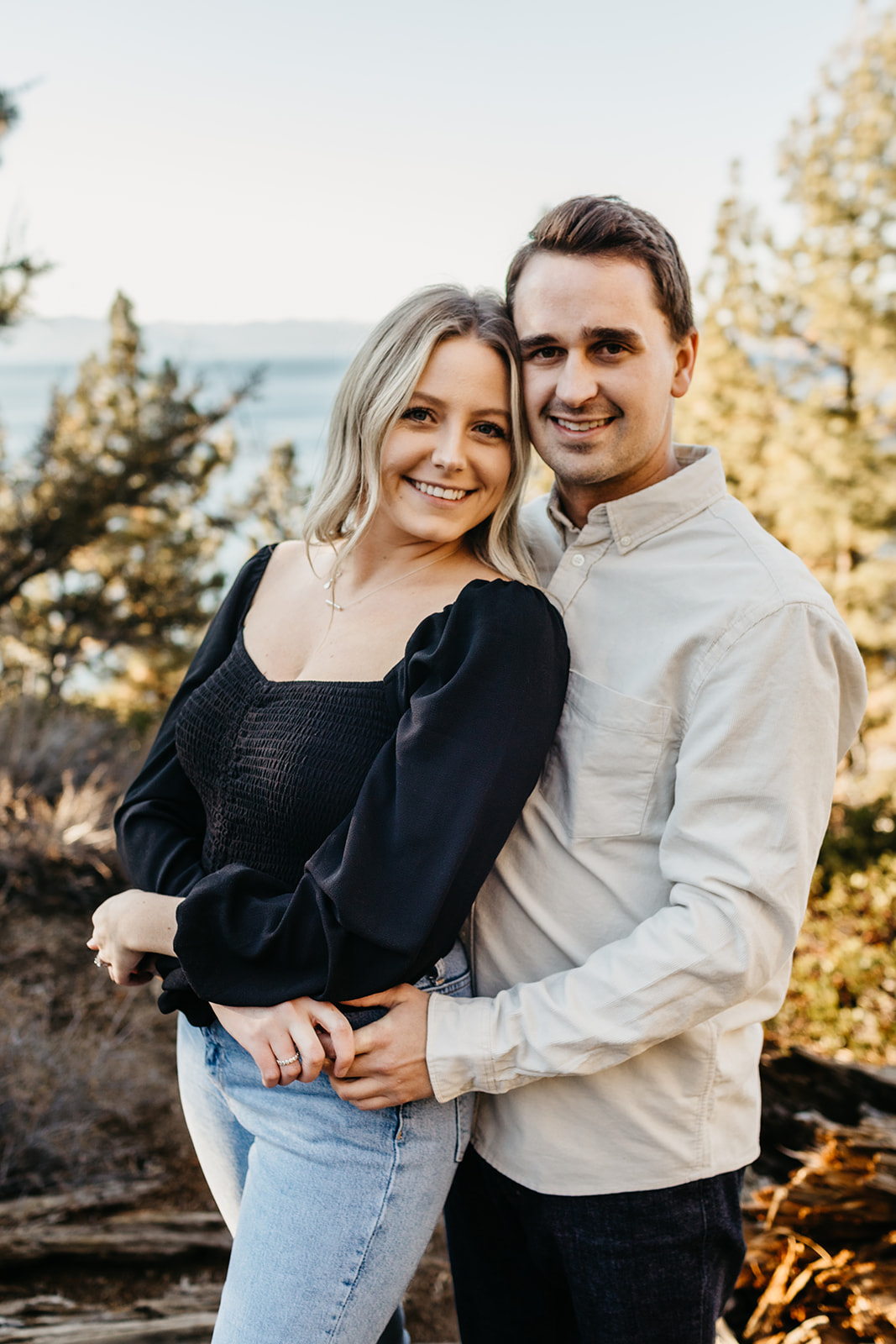 Couple smiles in Lake Tahoe