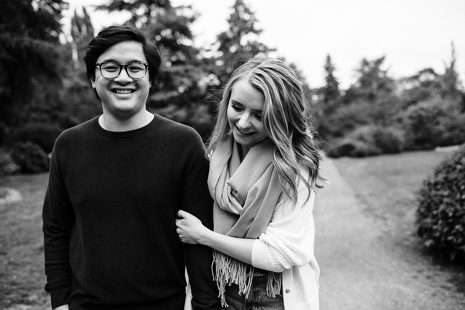 couple photographed at an engagement session at Kubota garden in Seattle
