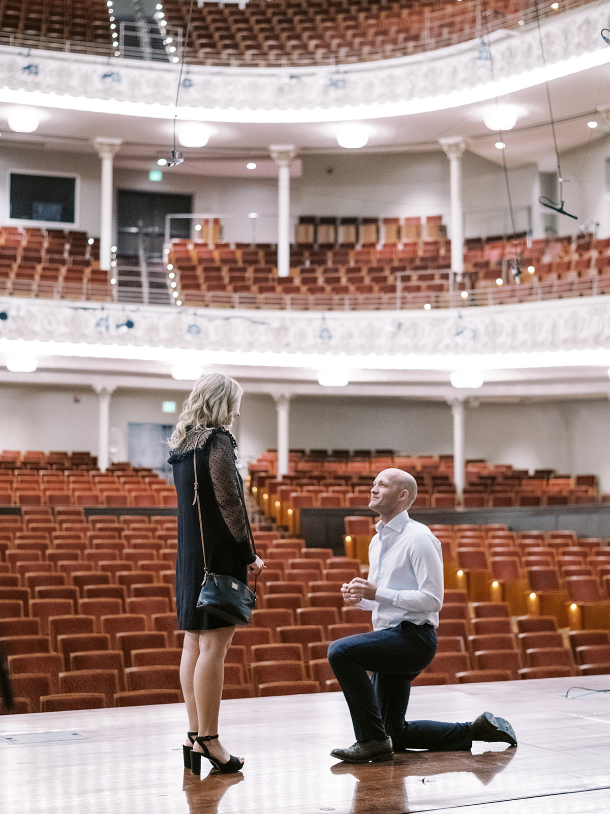 proposal on stage at Cincinnati Music Hall