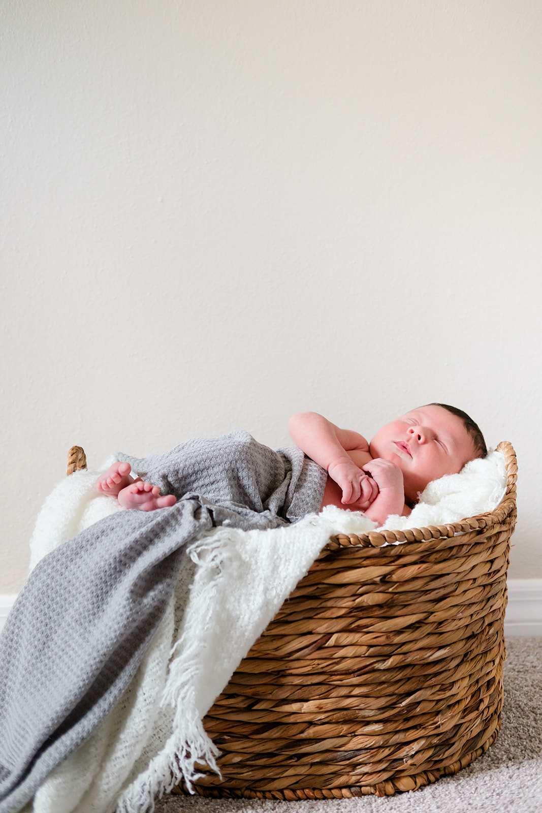 A swaddled newborn sleeps in a basket at home in Tampa Florida