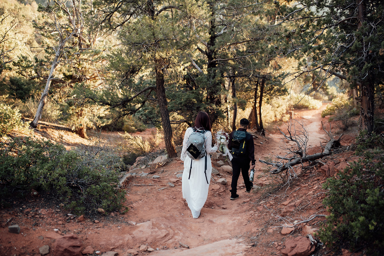 lbtgqia+ elopement couple hiking to Merry Go Round rock in Sedona