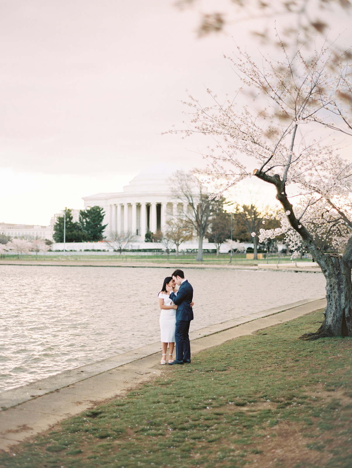 A couple walking embracing near the Tidal Basin during the Washington DC Cherry Blossom season