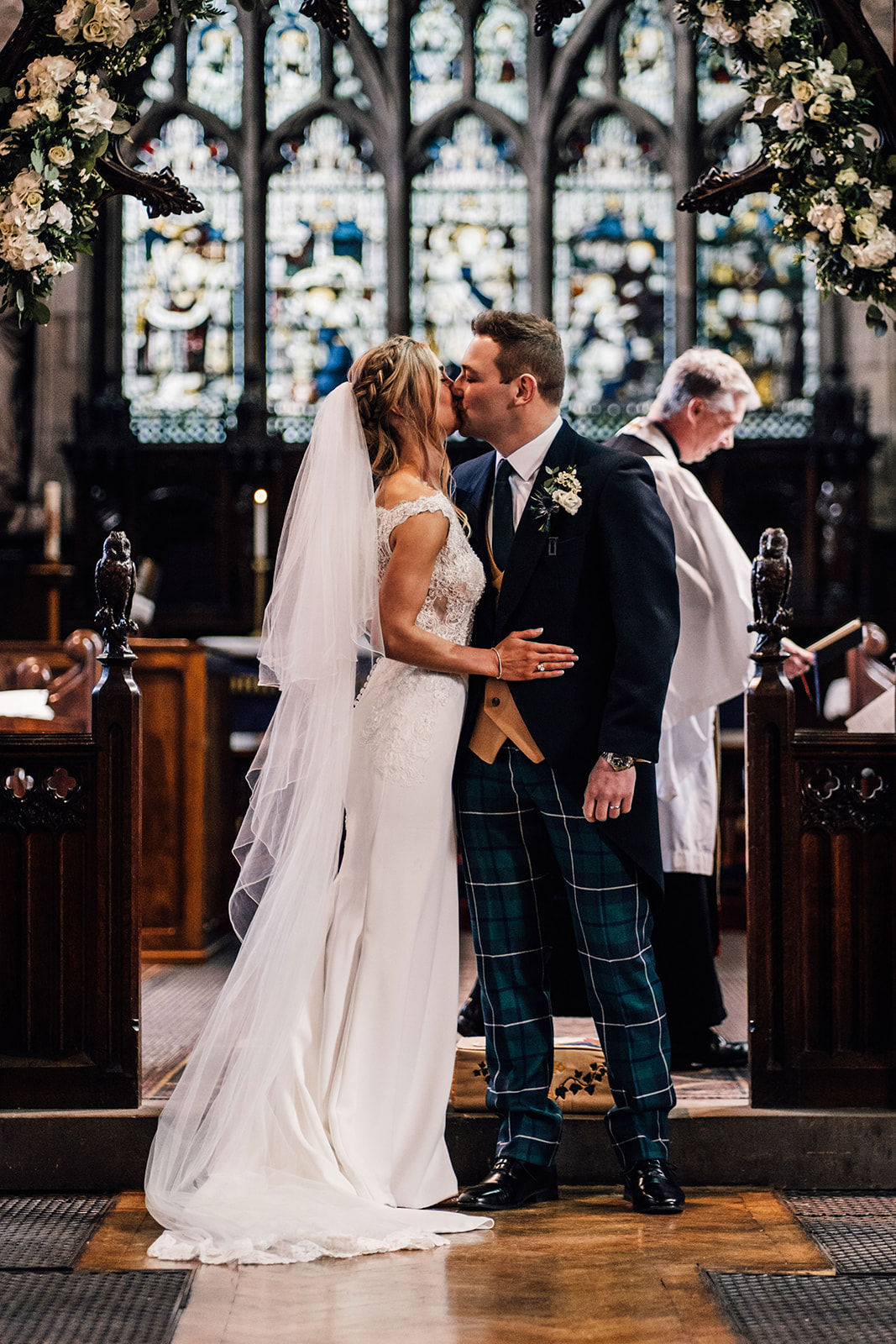 First kiss at wedding in Saint Peters Church in market Bosworth