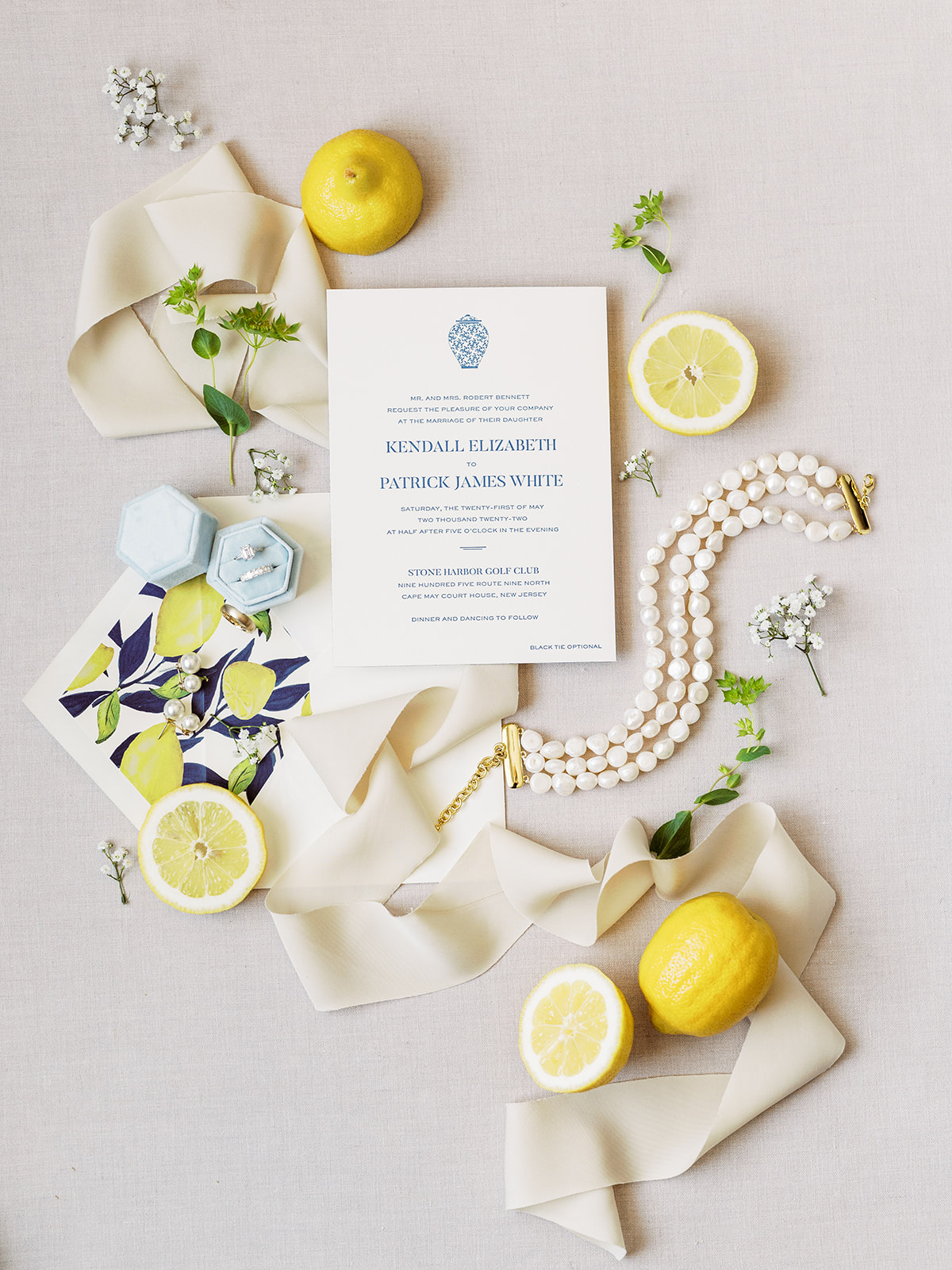 wedding invitation with lemon and pearl accents for Bright Summer Stone Harbor Golf Club Wedding in Yellow and Blue