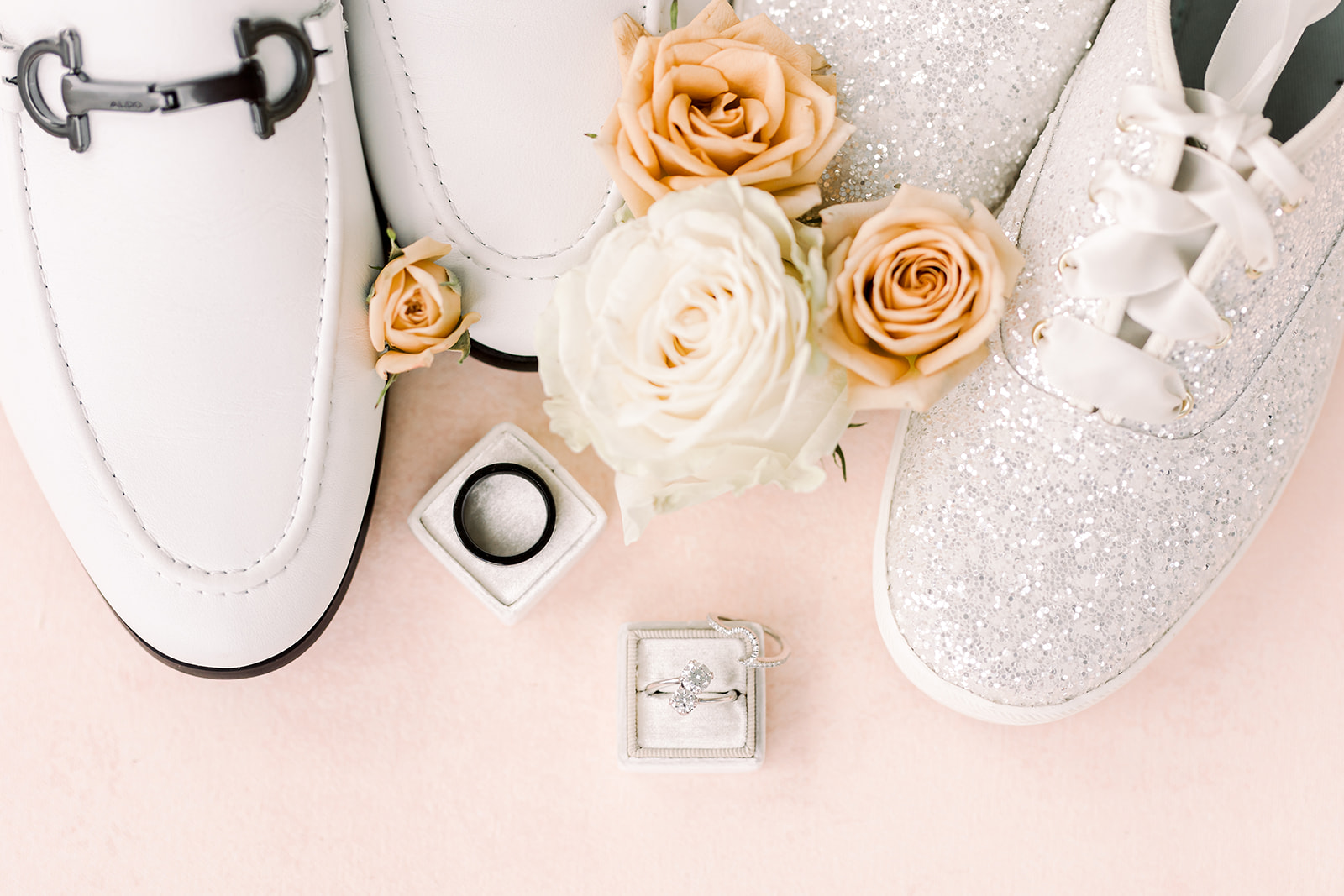 Bride and groom wedding shoes details flatlay