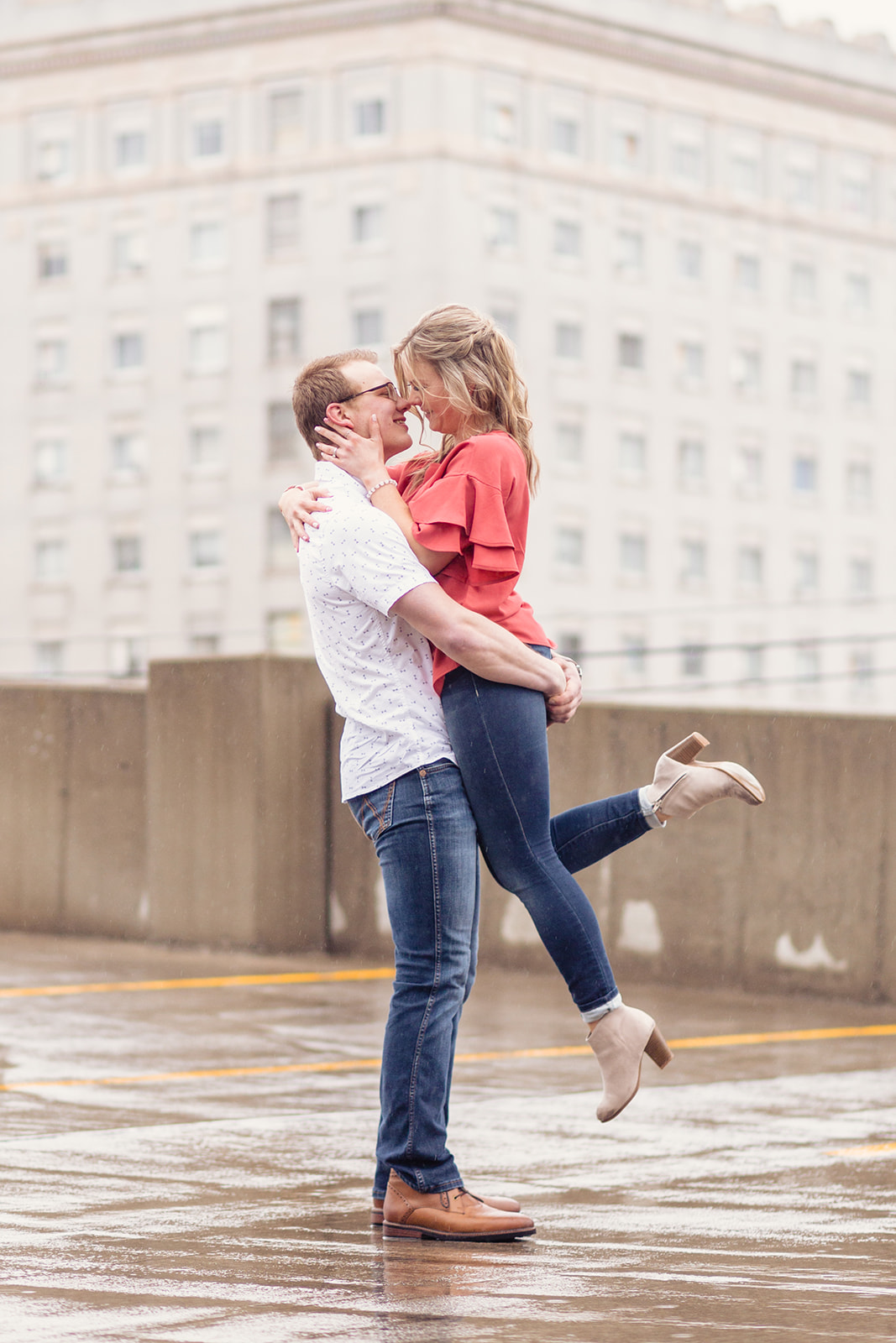 an early spring engagement session held in downtown Lima Ohio