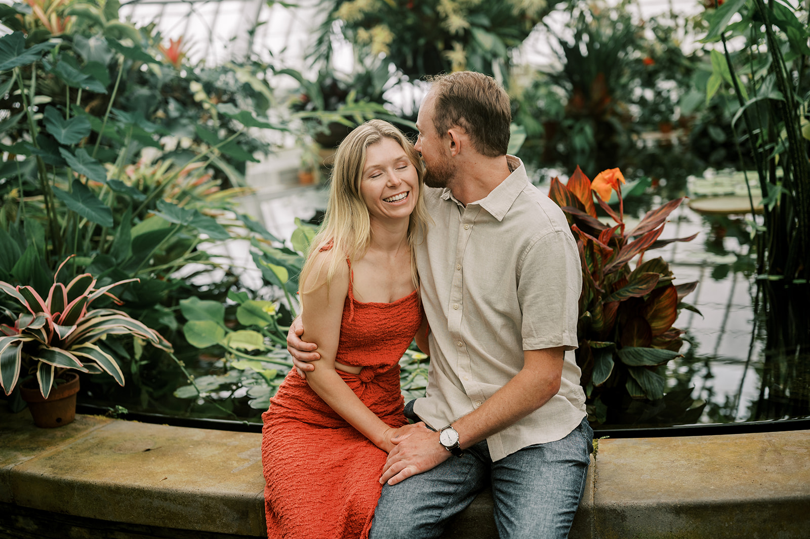 Tropical-inspired engagement session at San Francisco's Conservatory of flowers. 