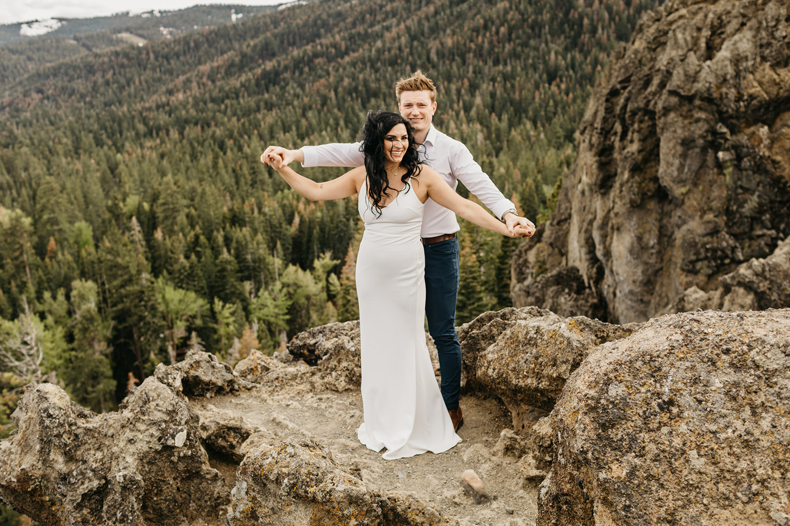 A couple on a mountain top in Lake Tahoe