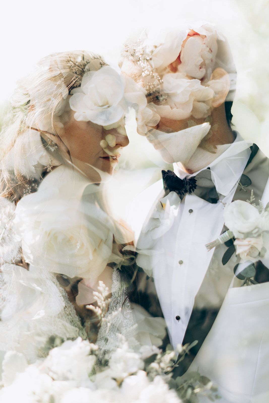 Bride and Groom on their Wedding day at the Mill Cobourg. Multi exposure image. Bride and Groom portrait with flowers