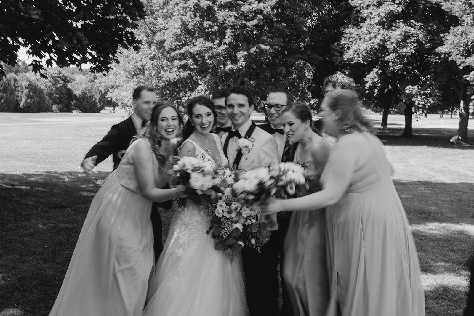 Creative portrait of the bridal party at the wedding at the  Mill Cobourg bridesmaids and groomsmen portraits 