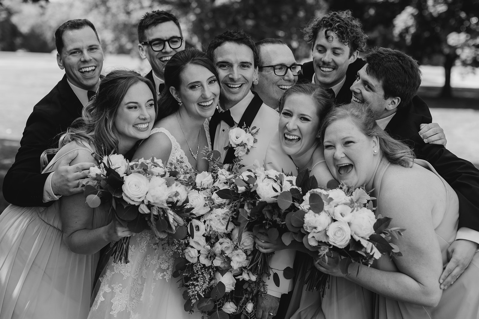 Creative portrait of the bridal party at the wedding at the  Mill Cobourg bridesmaids and groomsmen portraits 
